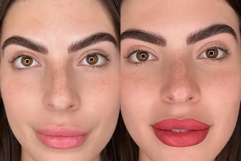 Brows and lips before and after permanent makeup at Soulu
